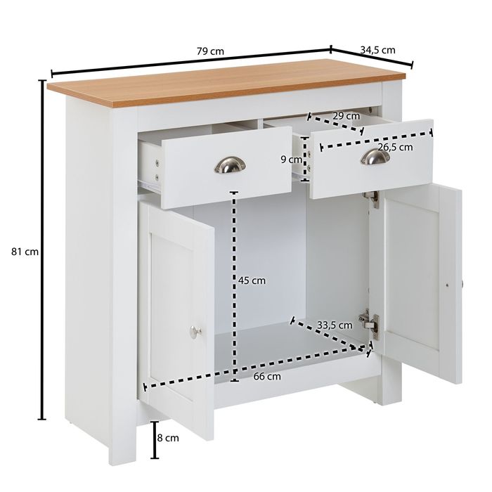 Sideboard MDF Weiß - Eiche 80cm Kommode mit 2 Schubladen & 2 Türen modernes Design – Maßzeichnung
