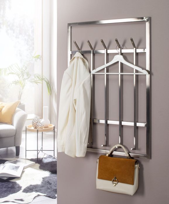 FineBuy Wandgarderobe Metall Silber 60x100x7,5 cm Design Flurgarderobe Stahl, Hakenleiste Wandpaneel, Garderobe Wand, Garderobenleiste Flur 4251757706479