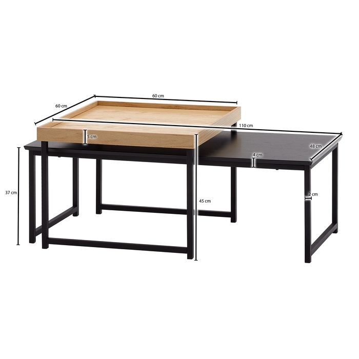 Couchtisch FineBuy Sofatisch 2er Set Holz Metall Satztisch Tisch Modern Design – Maßzeichnung