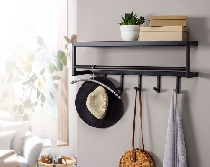 FineBuy Wandgarderobe Metall Schwarz 70x20x20 cm Flurgarderobe mit Ablage, Design Hakenleiste Wandpaneel Stahl, Garderobe Wand mit Hutablage, Garderobenleiste Flur 4251757706554