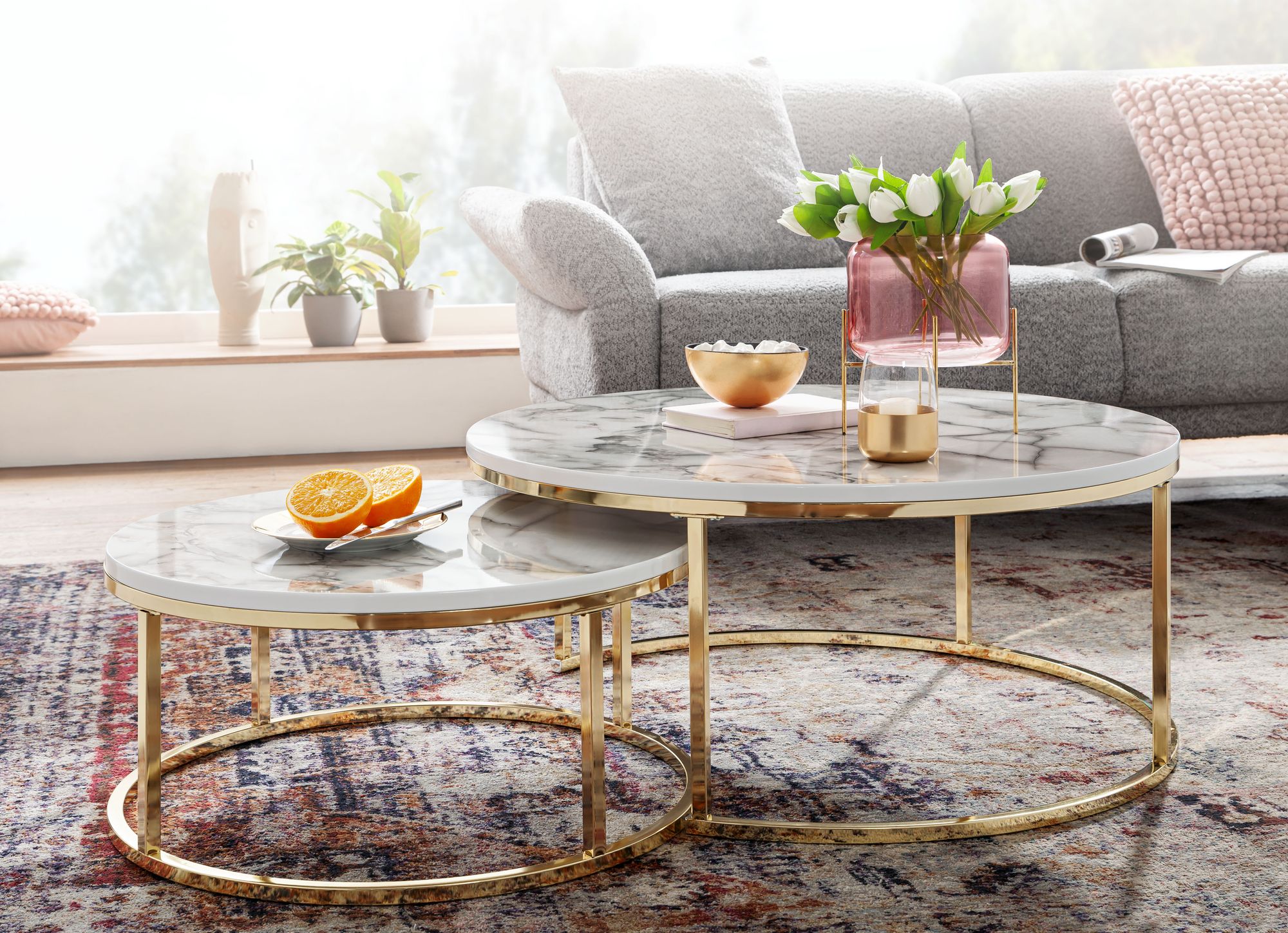 Couchtisch FineBuy Sofatisch 2er Set Weiß Marmor Optik Satztisch Tisch Rund – Ansicht 2