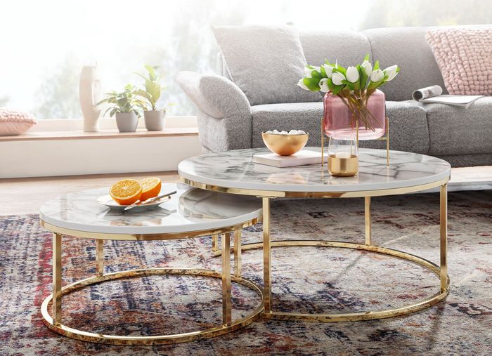 FineBuy Couchtisch 2er Set Weiß Marmor Optik Sofatisch Rund Modern, Beistelltisch 2-teilig Metall, Runde Wohnzimmertische, Design Satztische