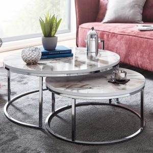 FineBuy Couchtisch 2er Set Weiß Marmor Optik Sofatisch Rund Modern, Beistelltisch 2-teilig Metall, Runde Wohnzimmertische, Design Satztische