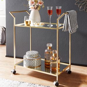 FB73783 FineBuy Design Servierwagen Gold 73x78x37 cm Küchenwagen Glas / Metall, Mobiler Beistelltisch, Speisewagen mit Glasplatte, Teewagen Mini Bar auf 4 Rollen