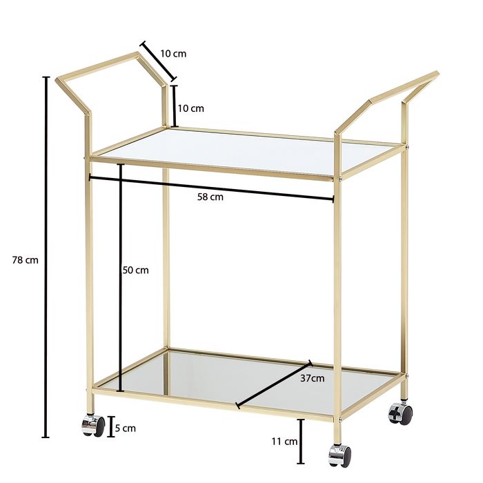 Servierwagen FineBuy Teewagen Gold Beistelltisch Rollen Speisewagen Glas Metall – Maßzeichnung