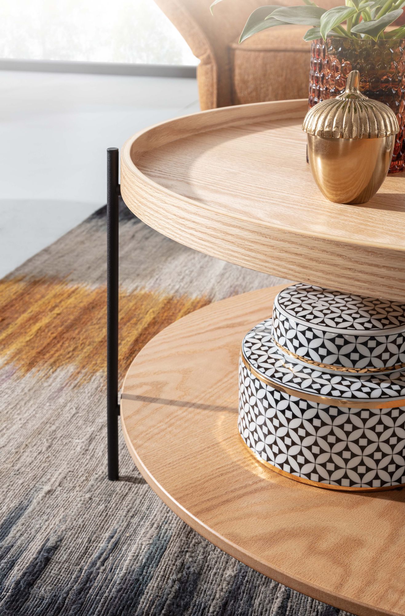 FineBuy Couchtisch Rund 80cm MDF Holz & Metall Skandinavisches Eiche Design – Moderner Wohnzimmertisch mit großer Ablage – Design Sofatisch für Wohnzimmer | Farbe: Braun