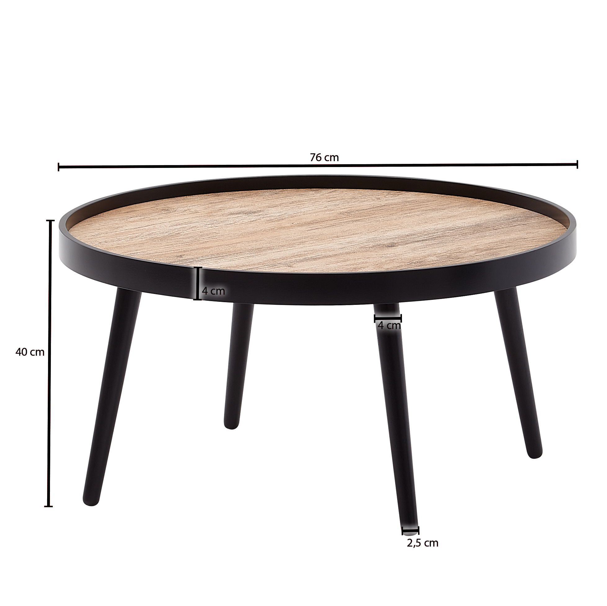 FineBuy Couchtisch Rund 76cm Skandinavisches Design Eiche – Moderner MDF Wohnzimmertisch mit 4 schwarzen Beinen, Sofatisch mit Ablagefläche für Wohnzimmer | Farbe: Schwarz