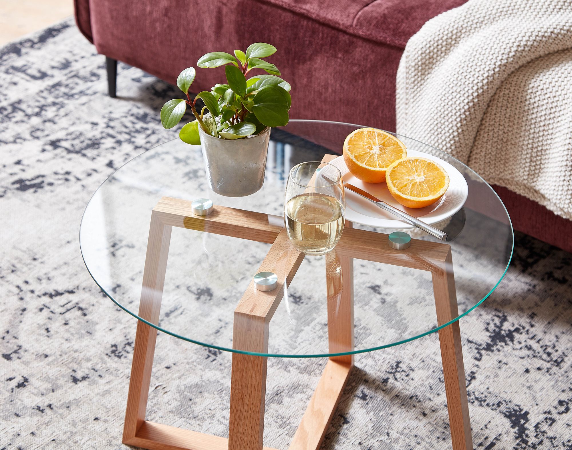 FineBuy Couchtisch Eiche Massivholz / Glas Sofatisch Rund Wohnzimmertisch, Design Stubentisch Modern, Holztisch Kaffeetisch, Tisch Wohnzimmer Echtholz | Farbe: Transparent