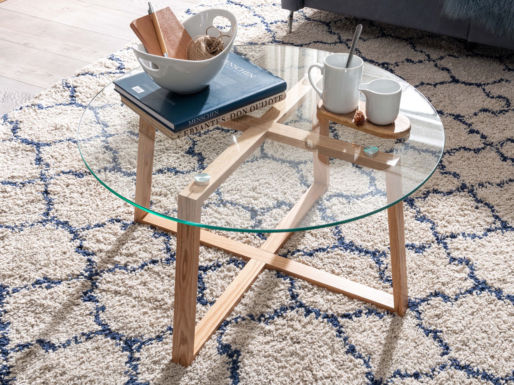 FineBuy Couchtisch Eiche Massivholz / Glas Sofatisch Rund Wohnzimmertisch, Design Stubentisch Modern, Holztisch Kaffeetisch, Tisch Wohnzimmer Echtholz | Farbe: Transparent