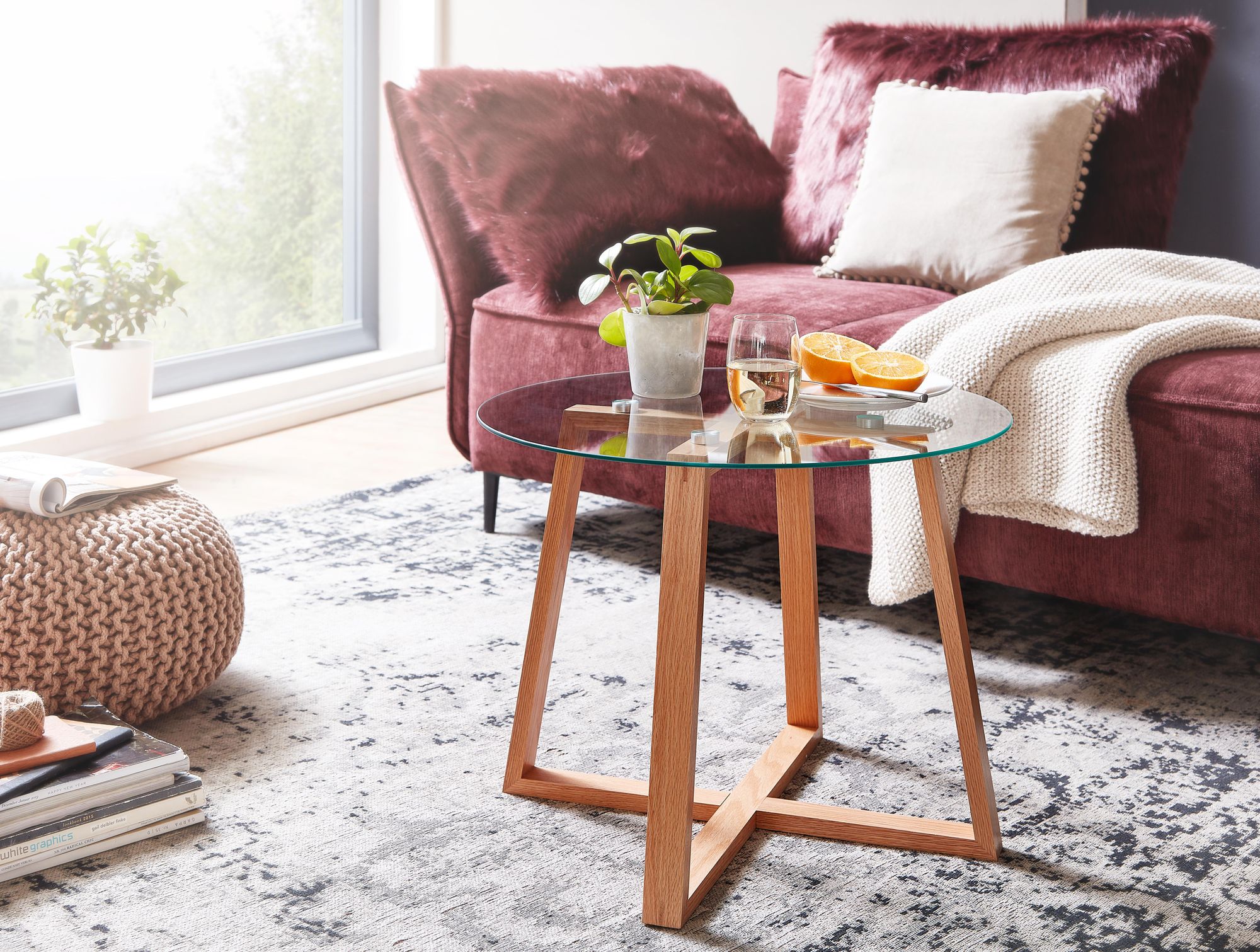 FineBuy Couchtisch Eiche Massivholz / Glas Sofatisch Rund Wohnzimmertisch, Design Stubentisch Modern, Holztisch Kaffeetisch, Tisch Wohnzimmer Echtholz | Farbe: Transparent