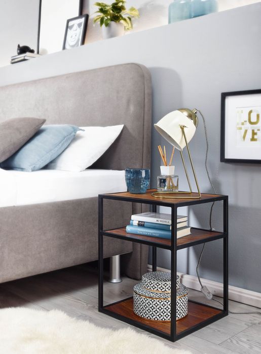 FineBuy Nachttisch Sheesham Massivholz / Metall 40x50x35 cm Beistelltisch Hoch, Design Nachtkonsole Boxspringbett mit Ablage, Industrial Wohnzimmertisch Hoch mit Stauraum 4251757708008