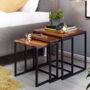 FineBuy Satztisch 3er Set Sheesham Massivholz / Metall Beistelltisch Eckig Modern, Design Couchtisch 3-teilig, Wohnzimmertisch Platzsparend, Holztisch Kaffeetisch Wohnzimmer 4251757708022