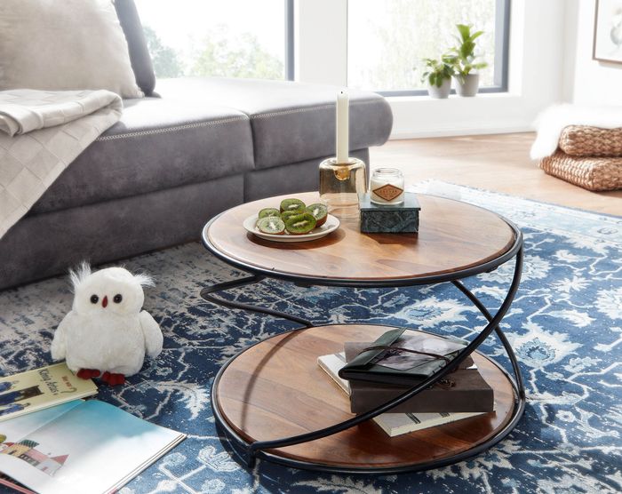 FineBuy Couchtisch 58x58x35 cm Sheesham Massivholz / Metall Sofatisch Rund, Design Wohnzimmertisch Kaffeetisch Massiv, Kleiner Tisch Beistelltisch Wohnzimmer Modern mit Stauraum 4251757708206