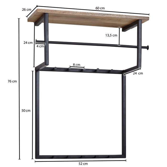 Wandgarderobe FineBuy Hakenleiste Holz Metall 60 cm Garderobe mit Ablage Flur – Maßzeichnung