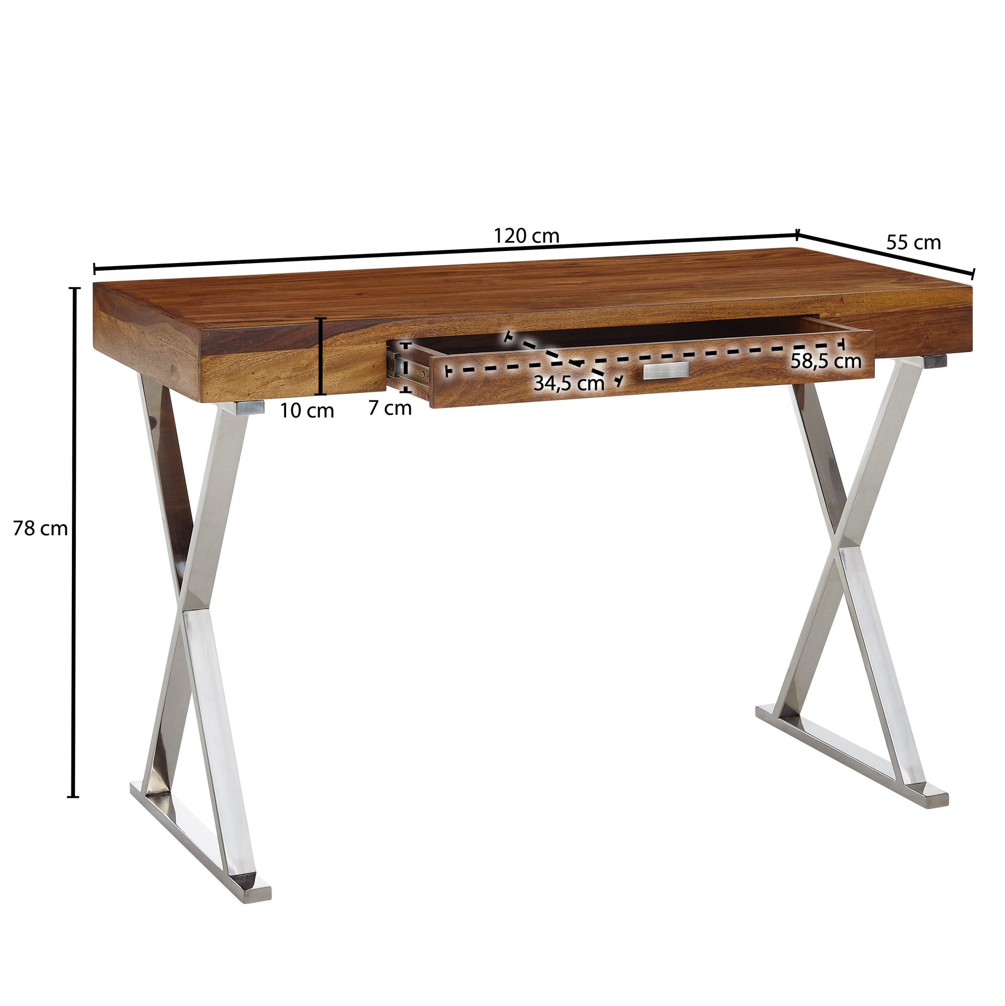 FineBuy Schreibtisch 120x55x78 cm Sheesham Massivholz / Metall, Design Bürotisch mit Schublade, HomeOffice Laptoptisch Computertisch mit Stauraum | Farbe: Silber