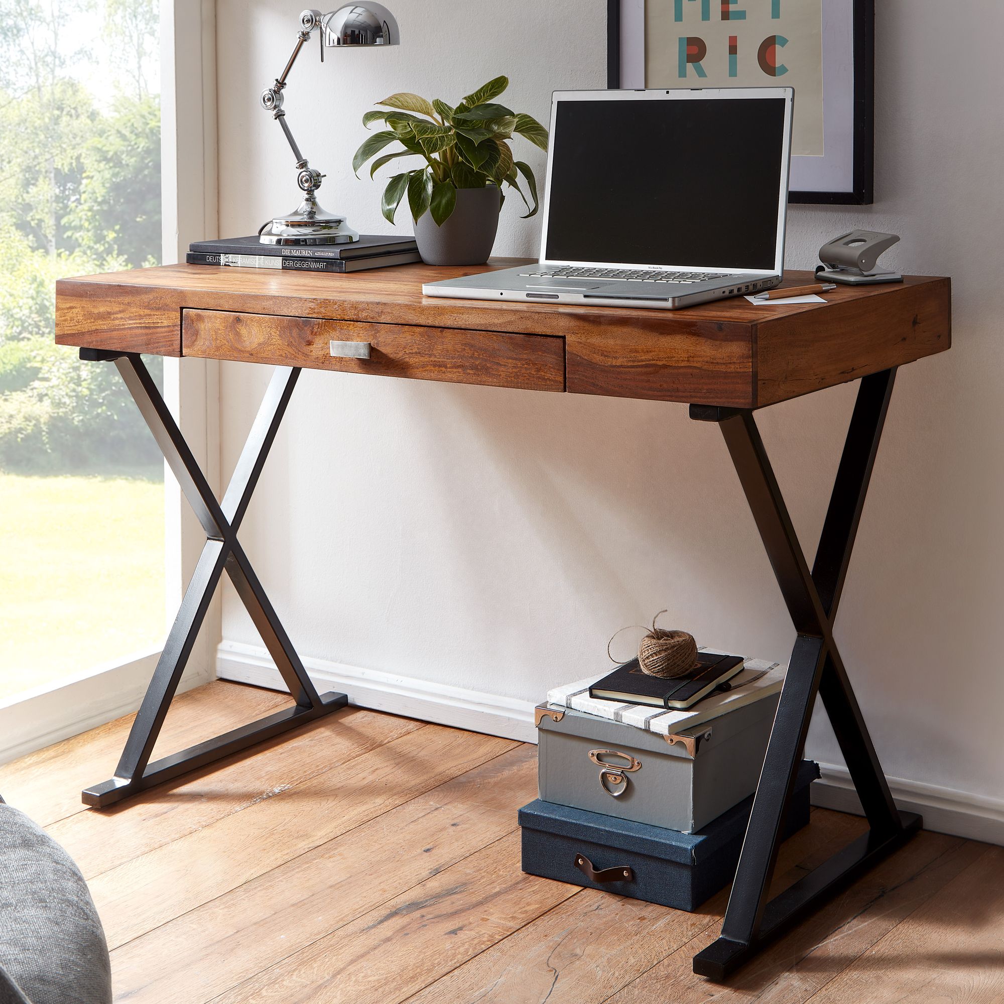 FineBuy Schreibtisch 120x55x78 cm Sheesham Massivholz / Metall, Design Bürotisch mit Schublade, HomeOffice Laptoptisch Computertisch mit Stauraum | Farbe: Silber