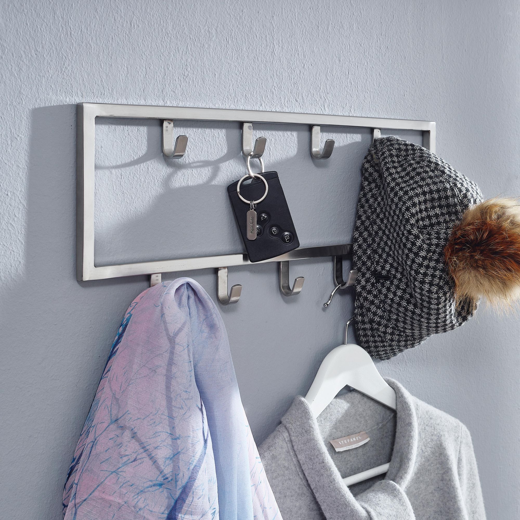 FineBuy Wandgarderobe Metall Silber - Design Garderobenpaneel - Wand Garderobenleiste mit Hakenleiste -  Kleiderhaken | Farbe: Silber