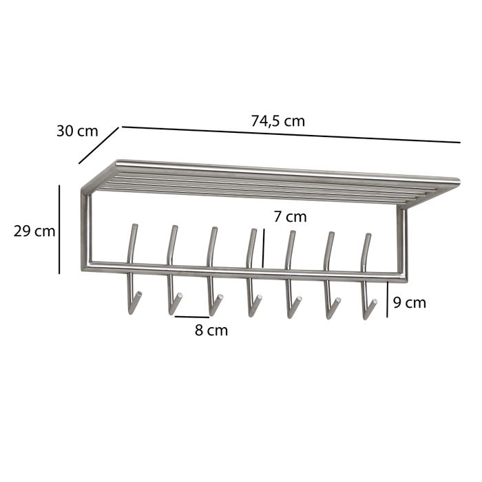 Wandgarderobe FineBuy Garderobe Metall 74,5cm Silber Flur Hakenleiste mit Ablage – Maßzeichnung