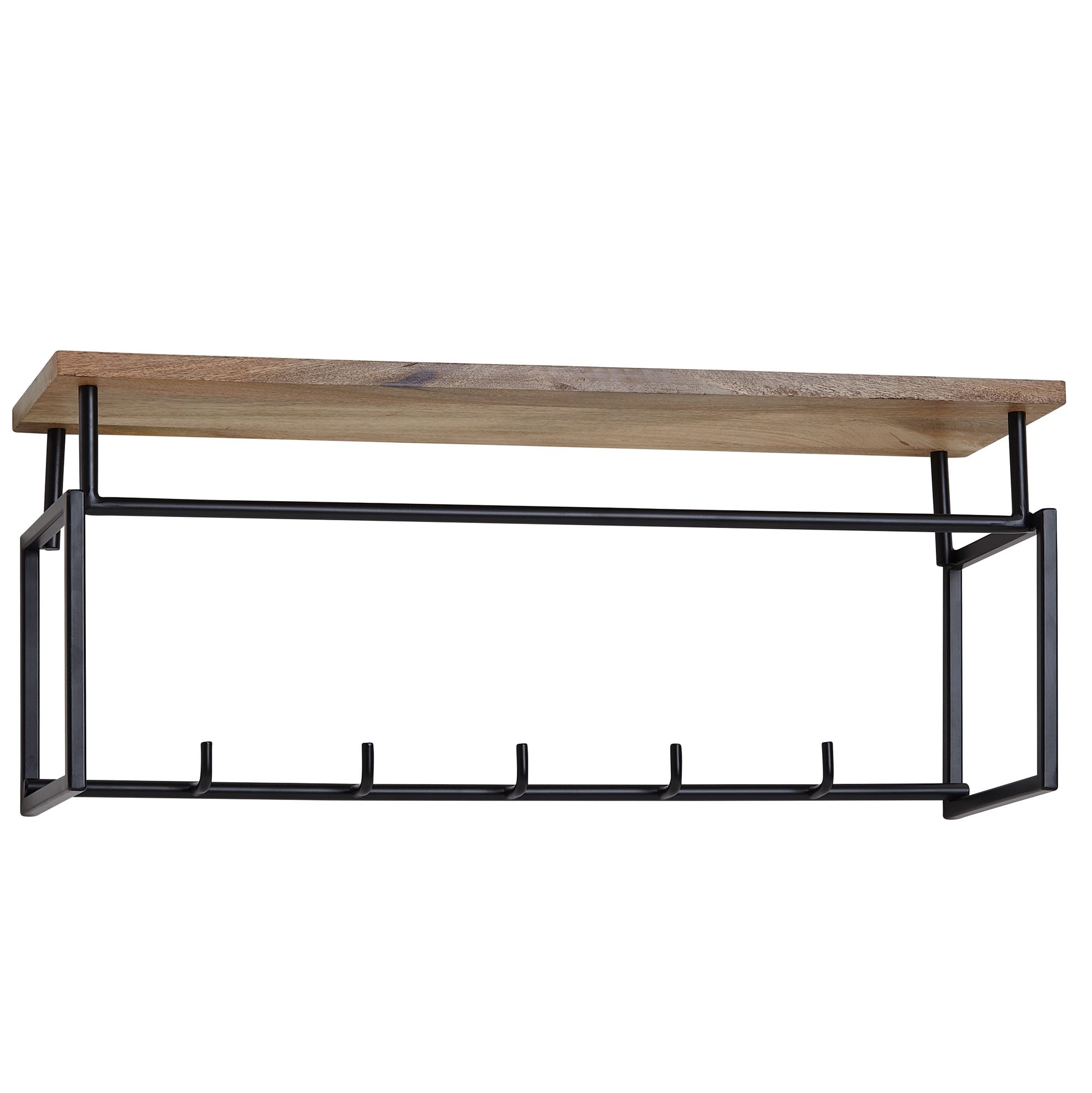 FineBuy Wandgarderobe Mango Massivholz 70 cm mit Ablage - Industrial Garderobenpaneel mit Hutablage - Wand Garderobenleiste Hakenleiste - 5 Metall Kleiderhaken & Kleiderstange | Farbe: Braun