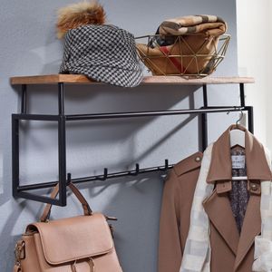FB76206 FineBuy Design Wandgarderobe Mango Massivholz Metall 71x29x20 cm, Hakenleiste mit Ablage und Kleiderstange, Flurgarderobe Garderobe Wand Holz 4251757708275