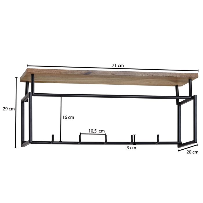 Wandgarderobe FineBuy Hakenleiste Holz Metall 71 cm Garderobe mit Ablage Flur – Maßzeichnung