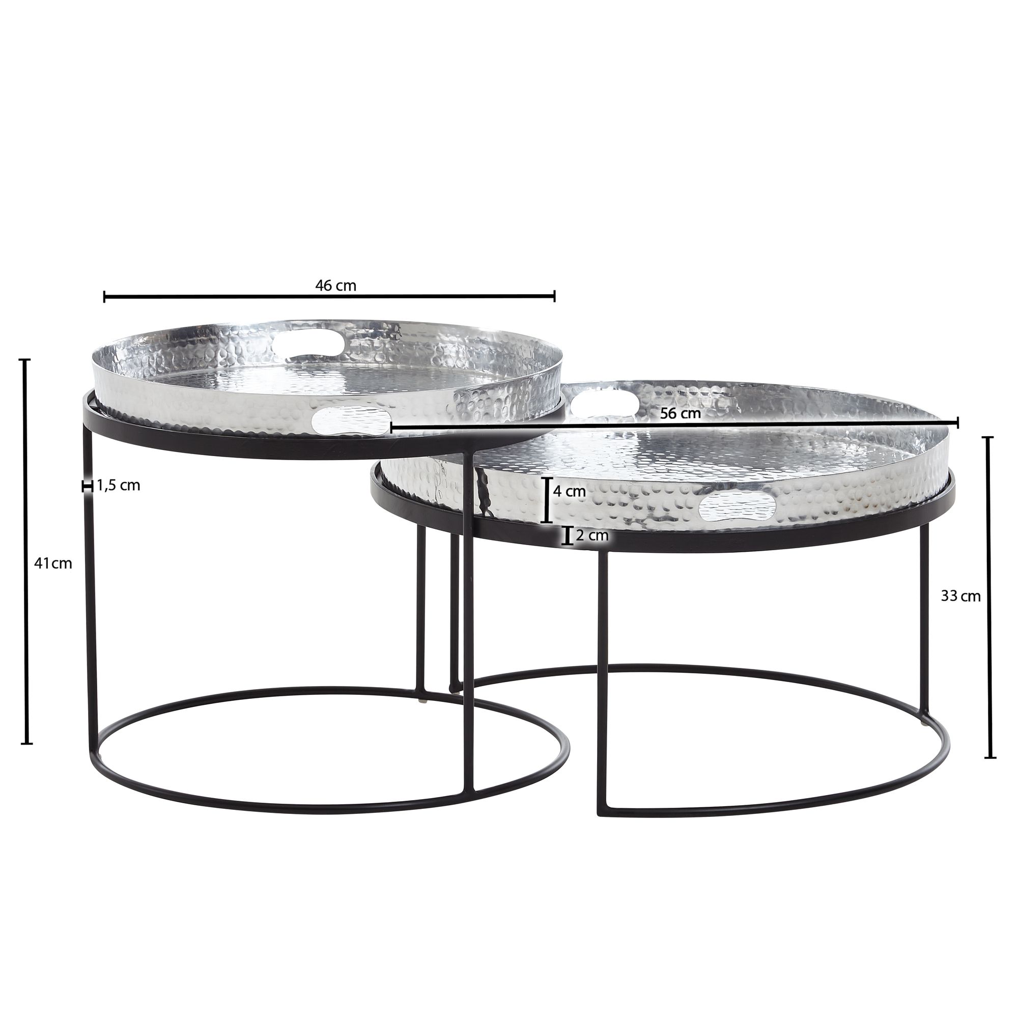 FineBuy Couchtisch 2er Set Metall Hammerschlag Satztisch Rund, Sofatisch abnehmbares Tablett, Tabletttisch Sofa 2 teilig Modern, Runder Beistelltisch | Farbe: Silber