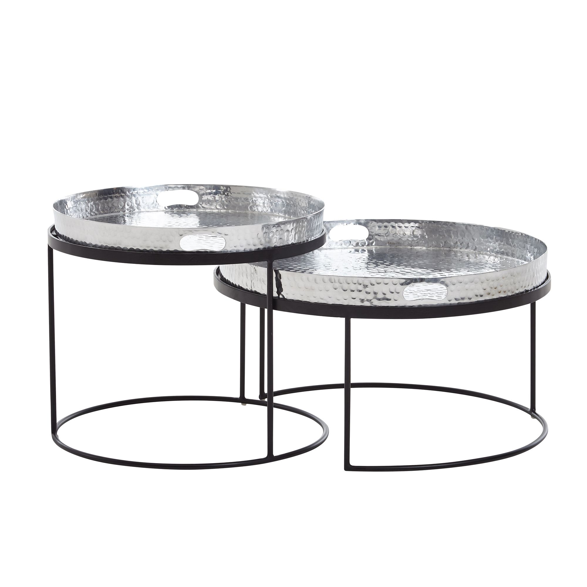 FineBuy Couchtisch 2er Set Metall Hammerschlag Satztisch Rund, Sofatisch abnehmbares Tablett, Tabletttisch Sofa 2 teilig Modern, Runder Beistelltisch | Farbe: Silber
