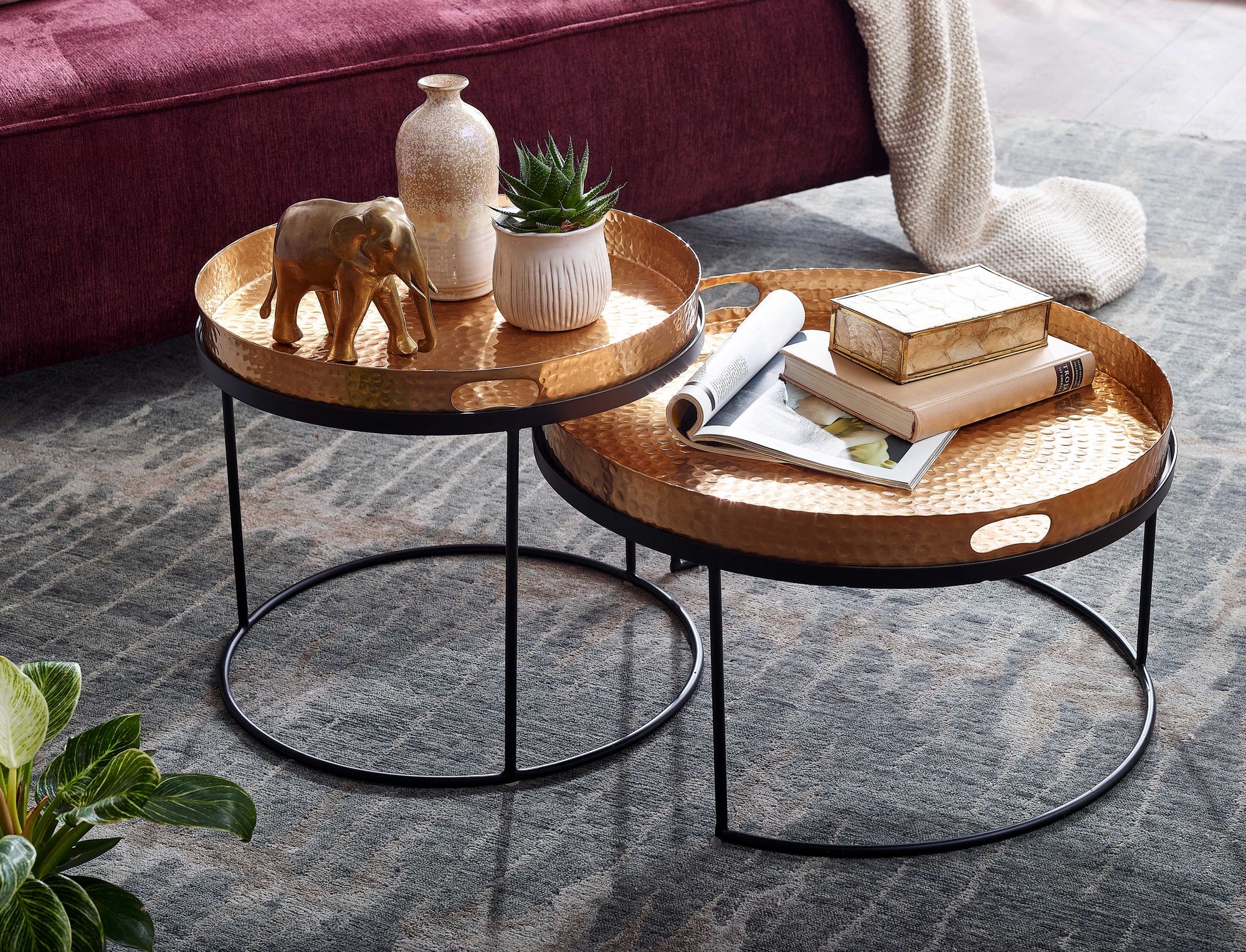 FineBuy Couchtisch 2er Set Metall Hammerschlag Satztisch Rund, Sofatisch abnehmbares Tablett, Tabletttisch Sofa 2 teilig Modern, Runder Beistelltisch | Farbe: Silber