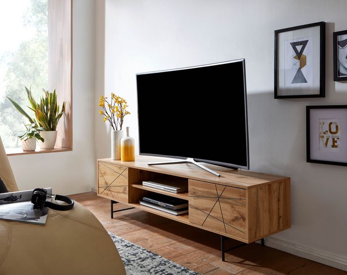 FineBuy Lowboard Holz Eiche-Dekor 160x45x40 cm TV-Kommode mit zwei Türen, Design TV-Schrank Hoch, Fernsehtisch Fernsehschrank Modern, Fernsehkommode Wohnzimmer