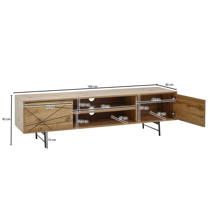 TV-Board Kommode 160cm MDF Eiche Dekor Design Lowboard mit 2 Türen & Ablage Fernsehschrank – Maßzeichnung