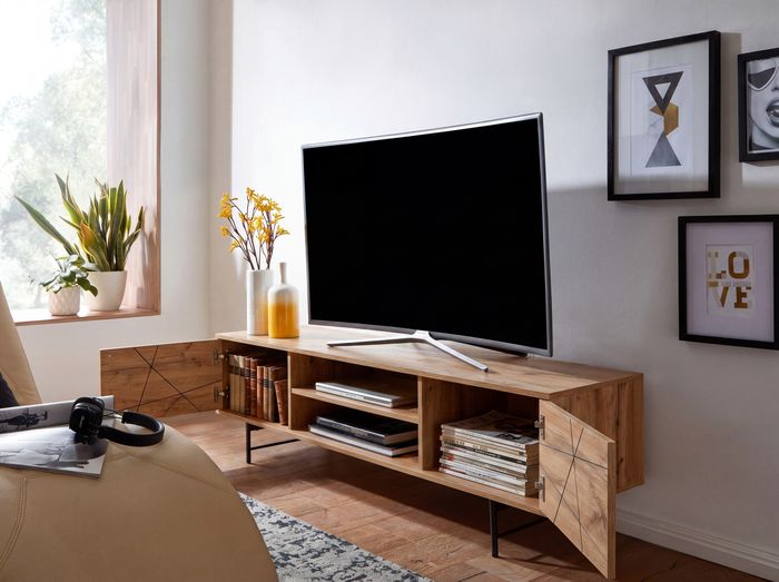 FineBuy Lowboard Holz Eiche-Dekor 160x45x40 cm TV-Kommode mit zwei Türen, Design TV-Schrank Hoch, Fernsehtisch Fernsehschrank Modern, Fernsehkommode Wohnzimmer