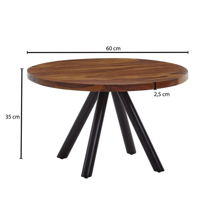 Couchtisch Sheesham Massivholz rund Ø60cm Wohnzimmertisch Metallbeine Industrial – Maßzeichnung