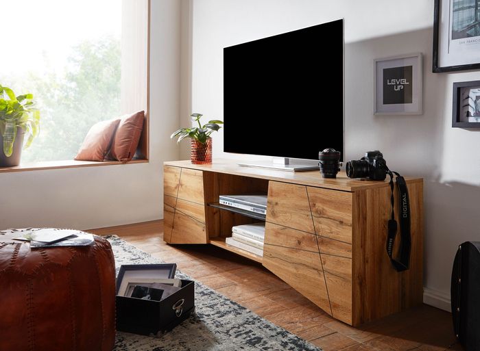 FineBuy Lowboard Holz Eiche-Dekor 160x50x40 cm TV-Kommode mit zwei Türen, Design TV-Schrank Hoch, Fernsehtisch Fernsehschrank Modern, Fernsehkommode Wohnzimmer