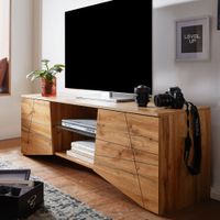 TV-Board Kommode 160cm MDF Eiche Dekor Design Lowboard mit 2 Türen & Glas Ablage Fernsehschrank – Ansicht 1