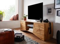 TV-Board Kommode 160cm MDF Eiche Dekor Design Lowboard mit 2 Türen & Glas Ablage Fernsehschrank – Ansicht 2