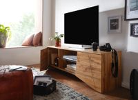 TV-Board Kommode 160cm MDF Eiche Dekor Design Lowboard mit 2 Türen & Glas Ablage Fernsehschrank – Ansicht 6