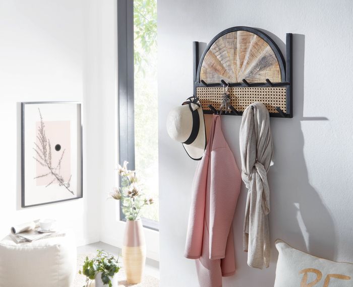 FineBuy Wandgarderobe Mango Massivholz / Rattan 53x40x7,5 cm Design Flurgarderobe, Hakenleiste Wiener Geflecht, Wandpaneel Metall, Garderobe Wand, Garderobenleiste Flur 4251757708527