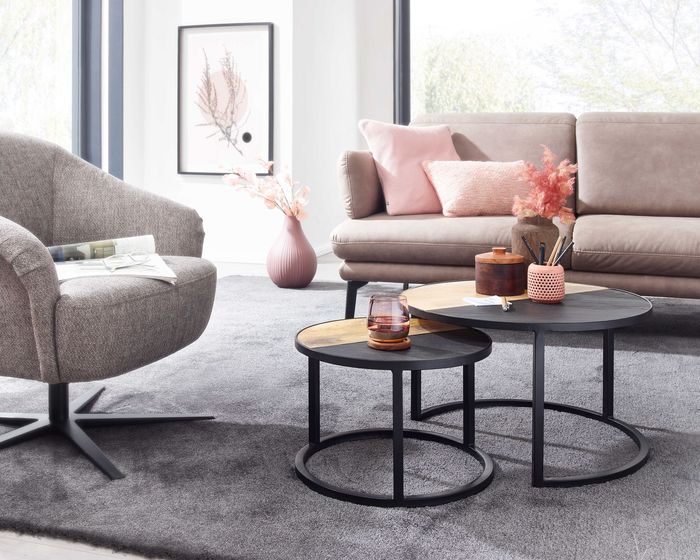 FineBuy Couchtisch 2er Set Mango Massivholz / Stein-Optik Sofatisch Rund Modern, Design Beistelltisch 2-teilig, Runde Wohnzimmertische, Holztisch Satztische Metall