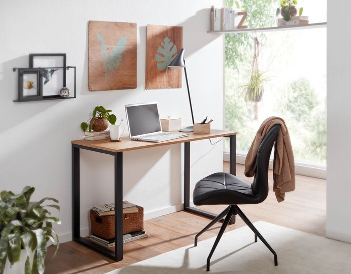 FineBuy Schreibtisch Eiche-Dekor / Schwarz 120x60x76 cm Design Computertisch, Homeoffice Bürotisch Klein Hell, Laptoptisch Arbeitszimmer mit Metallbeine 4251757708558