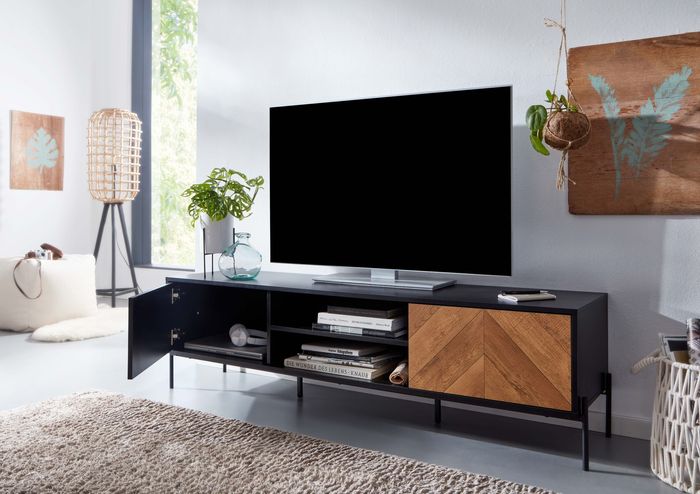 FineBuy Lowboard Holz Schwarz / Eiche-Dekor 163x45x40 cm TV-Kommode mit zwei Türen, Design TV-Schrank Hoch, Fernsehtisch Fernsehschrank Modern, Fernsehkommode Wohnzimmer 4251757708572