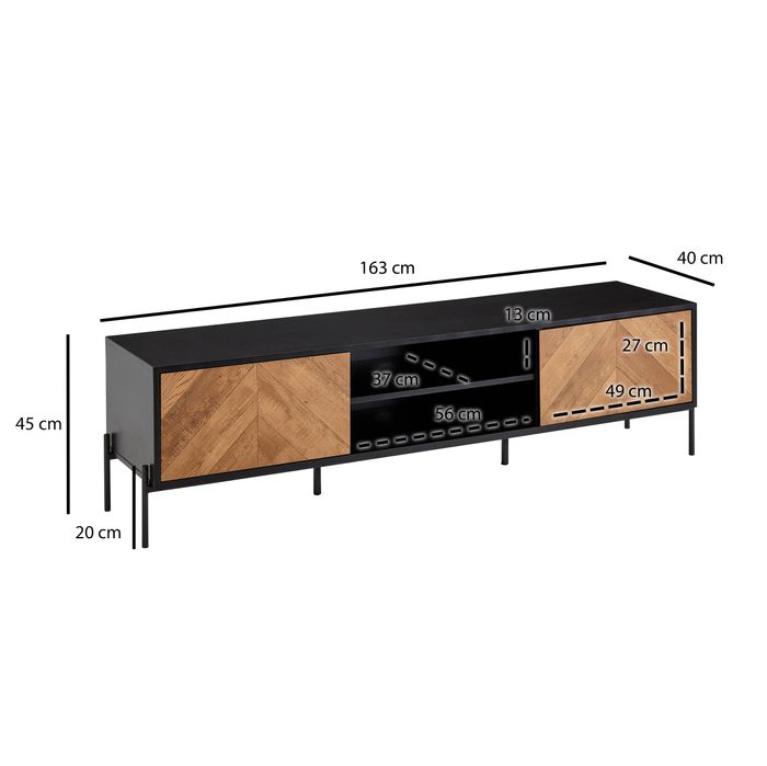TV-Board Kommode 160cm MDF Eiche Schwarz Dekor Design Lowboard mit 2 Türen Fernsehschrank – Maßzeichnung