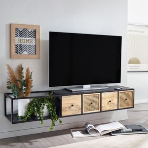 FineBuy Lowboard Hängend Mango Massivholz / Metall 150x25x35 cm TV-Schrank Schwarz, Design Fernsehtisch Wiener Geflecht Modern, Fernsehschrank Wand, TV-Kommode Fernsehkommode zum Aufhängen 4251757708596