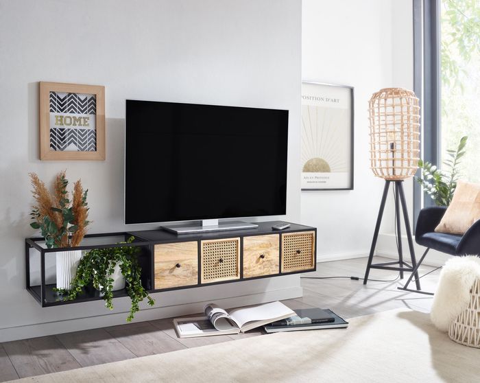 FineBuy Lowboard Hängend Mango Massivholz / Metall 150x25x35 cm TV-Schrank Schwarz, Design Fernsehtisch Wiener Geflecht Modern, Fernsehschrank Wand, TV-Kommode Fernsehkommode zum Aufhängen 4251757708596