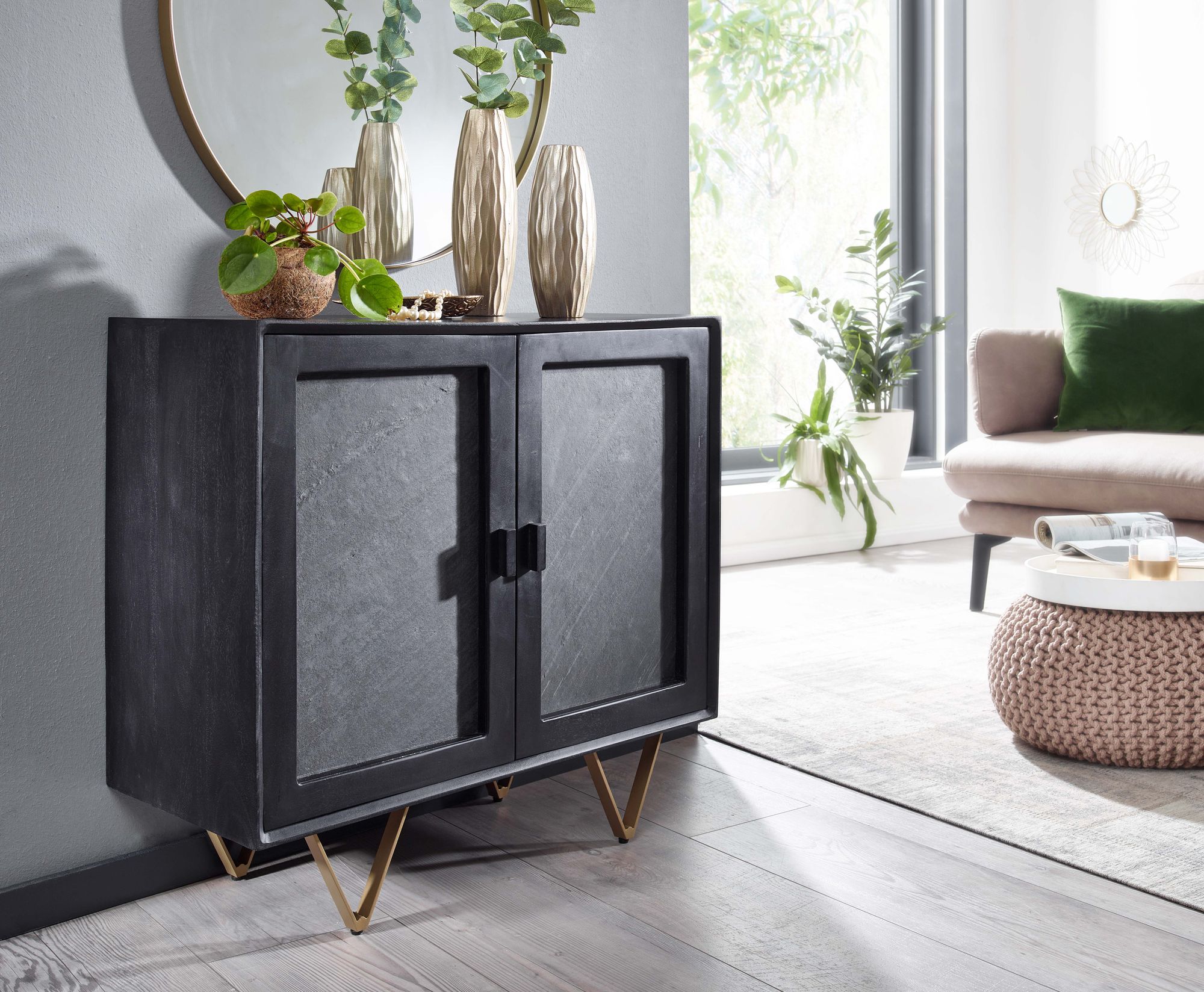 FineBuy Sideboard 80x75x35 cm Mango Massivholz / Stein-Optik Anrichte, Kommode mit 2 Türen, Kleiner Kommodenschrank Holz Massiv, Standschrank Mehrzweckkommode mit Metallgestell | Farbe: Braun