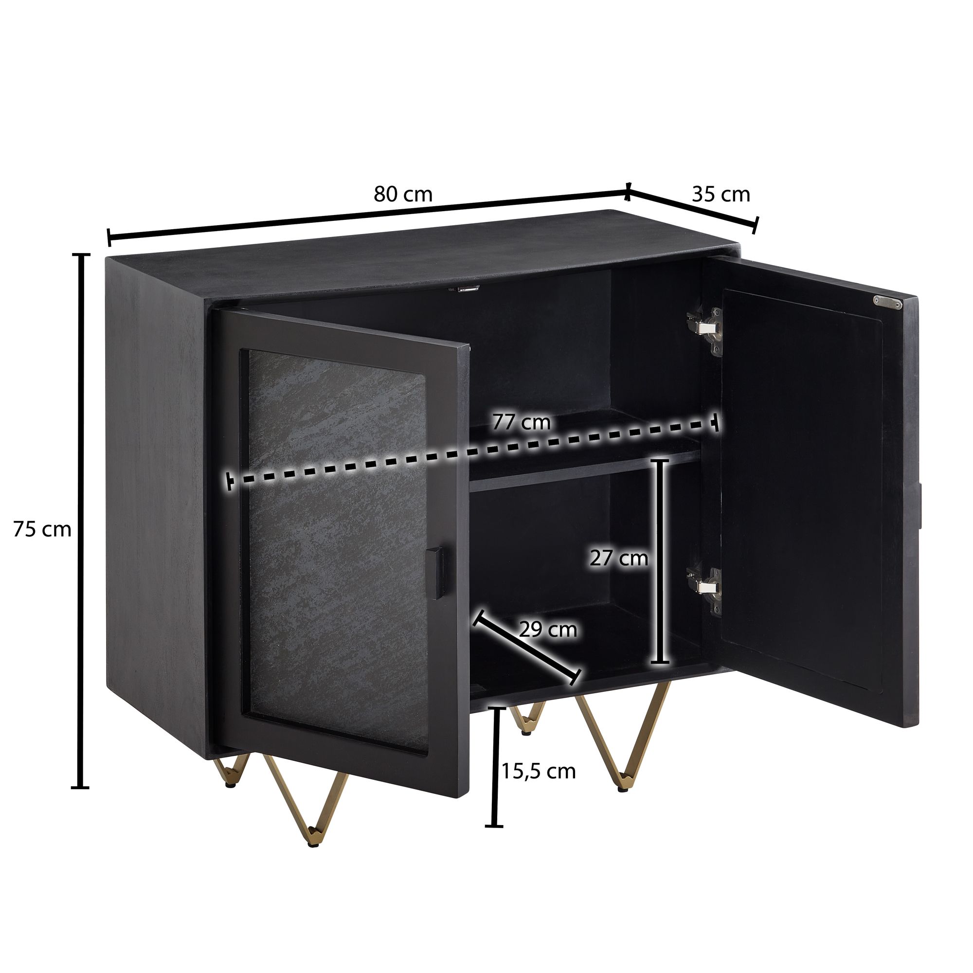 FineBuy Sideboard 80x75x35 cm Mango Massivholz / Stein-Optik Anrichte, Kommode mit 2 Türen, Kleiner Kommodenschrank Holz Massiv, Standschrank Mehrzweckkommode mit Metallgestell | Farbe: Braun