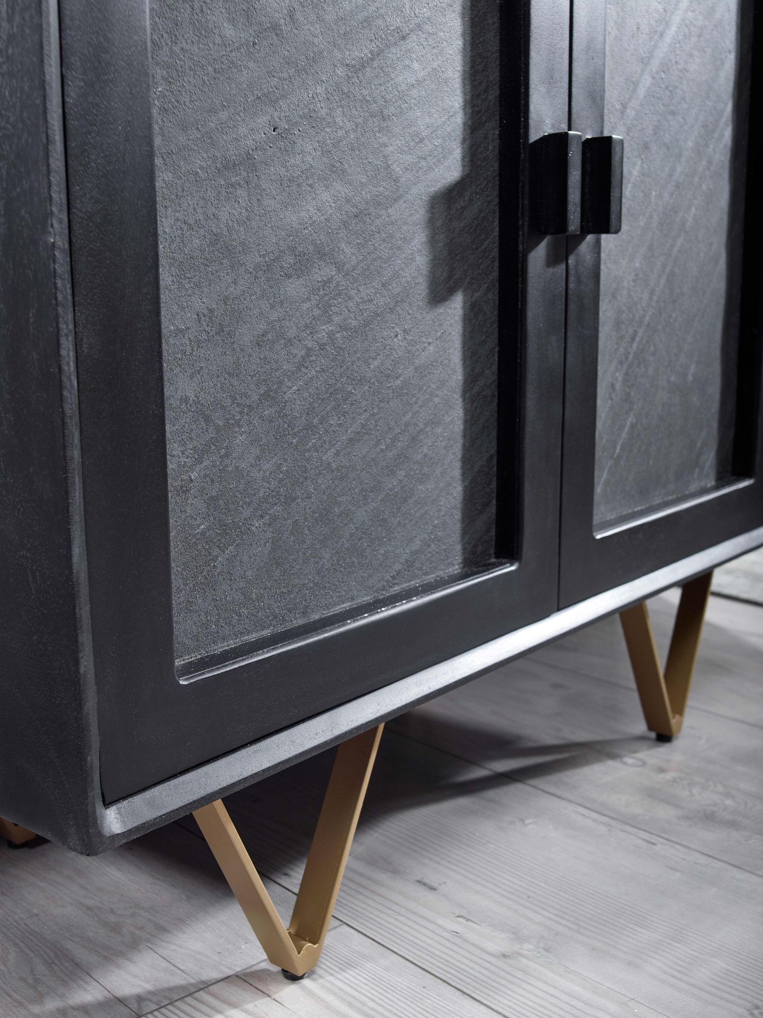 FineBuy Sideboard 80x75x35 cm Mango Massivholz / Stein-Optik Anrichte, Kommode mit 2 Türen, Kleiner Kommodenschrank Holz Massiv, Standschrank Mehrzweckkommode mit Metallgestell | Farbe: Braun