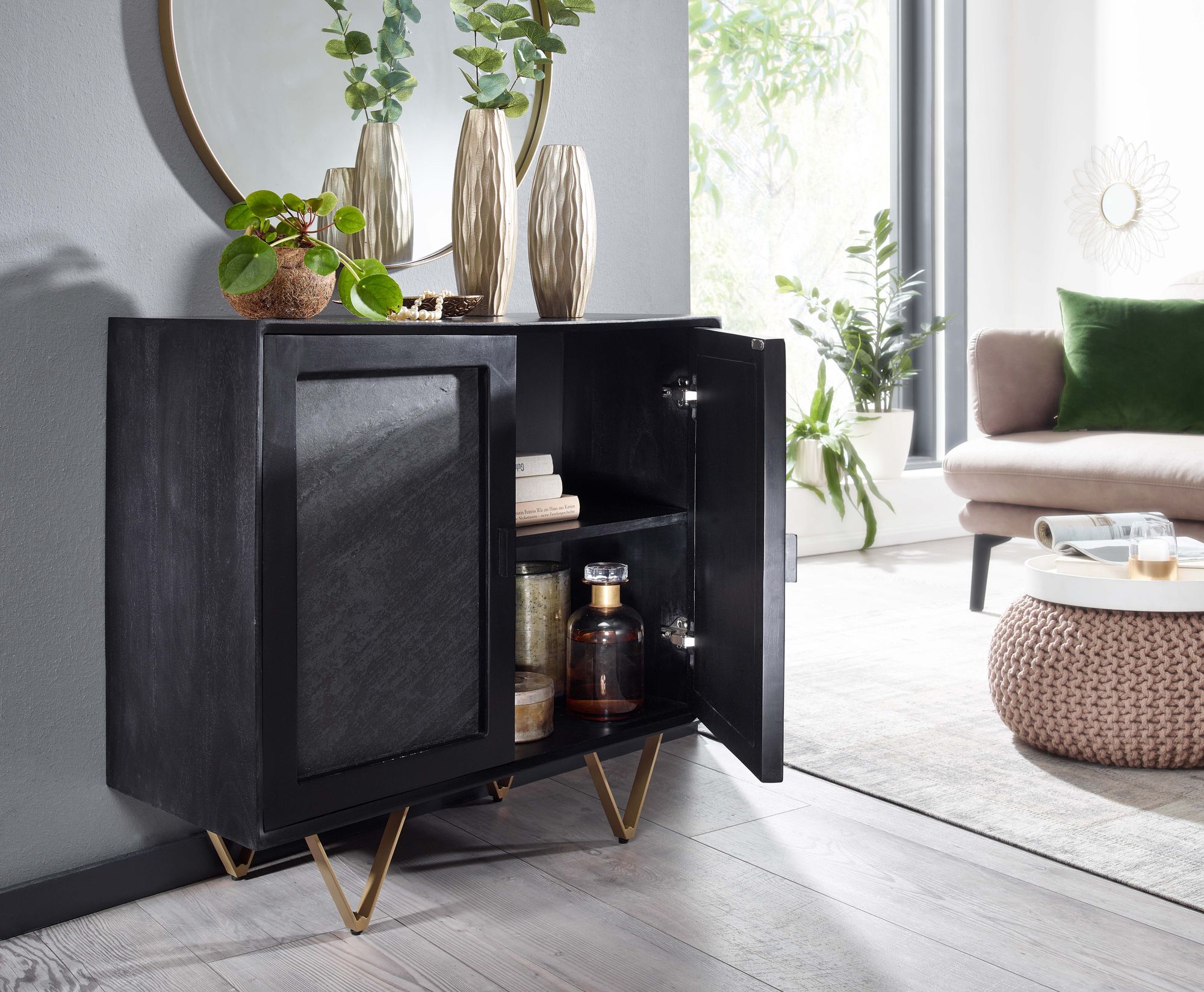 FineBuy Sideboard 80x75x35 cm Mango Massivholz / Stein-Optik Anrichte, Kommode mit 2 Türen, Kleiner Kommodenschrank Holz Massiv, Standschrank Mehrzweckkommode mit Metallgestell | Farbe: Braun