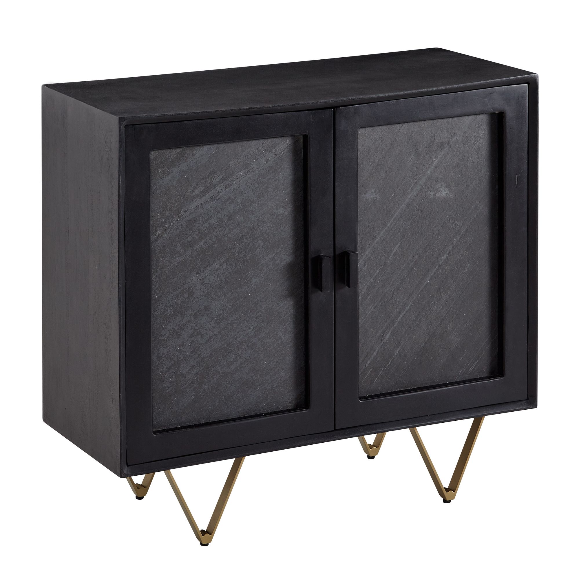 FineBuy Sideboard 80x75x35 cm Mango Massivholz / Stein-Optik Anrichte, Kommode mit 2 Türen, Kleiner Kommodenschrank Holz Massiv, Standschrank Mehrzweckkommode mit Metallgestell | Farbe: Braun