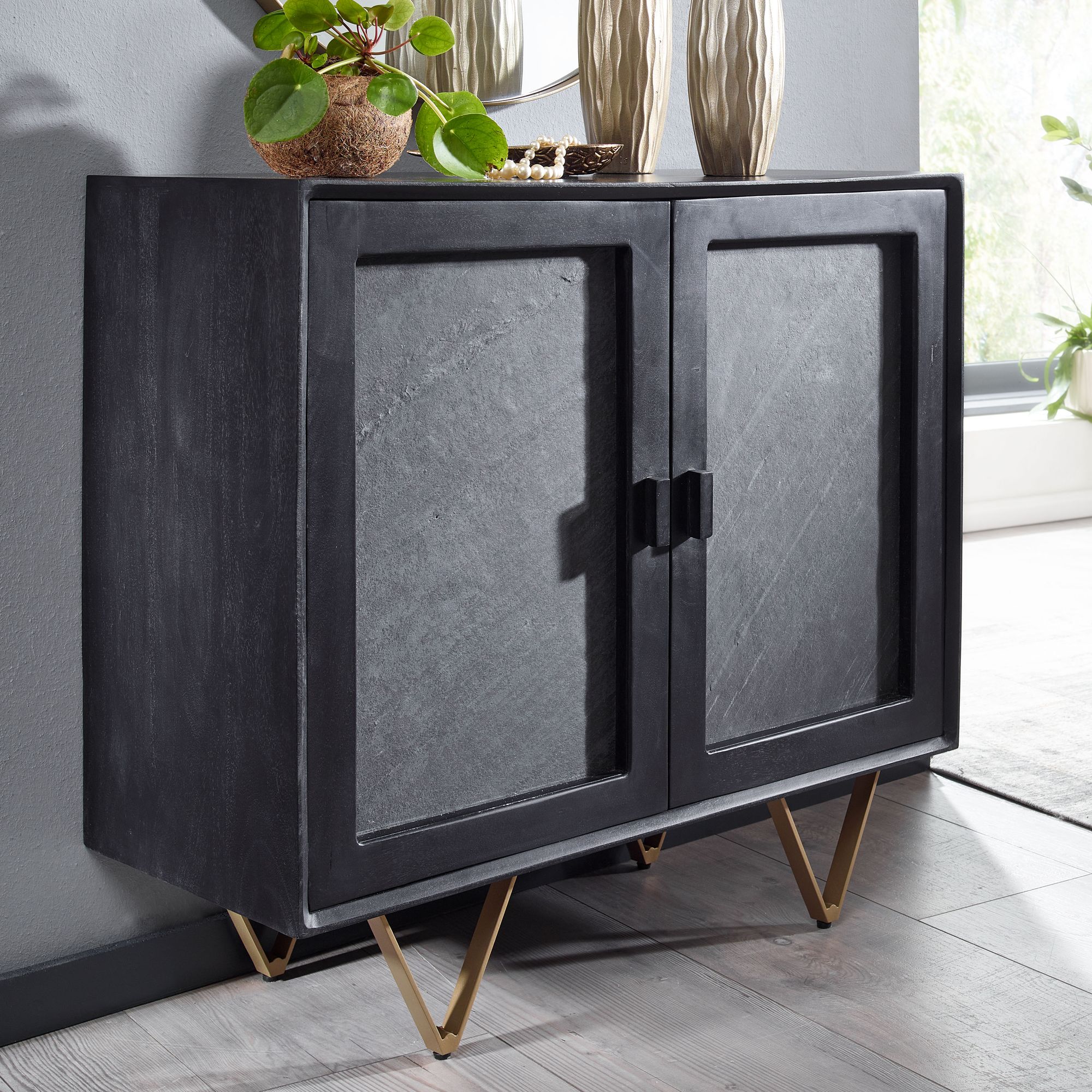 FineBuy Sideboard 80x75x35 cm Mango Massivholz / Stein-Optik Anrichte, Kommode mit 2 Türen, Kleiner Kommodenschrank Holz Massiv, Standschrank Mehrzweckkommode mit Metallgestell | Farbe: Braun