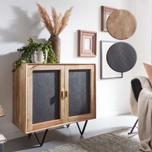FineBuy Sideboard 80x75x35 cm Mango Massivholz / Stein-Optik Anrichte, Kommode mit 2 Türen, Kleiner Kommodenschrank Holz Massiv, Standschrank Mehrzweckkommode mit Metallgestell